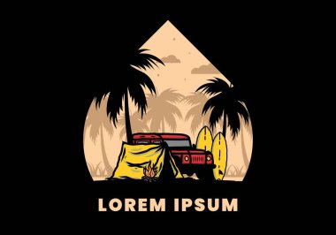 Sahilde kamp yapmak, off road araba çizimi tasarımı.