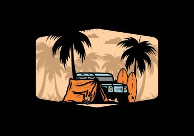 Sahilde kamp yapmak, off road araba çizimi tasarımı.