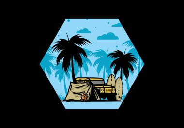 Sahilde kamp yapmak, off road araba çizimi tasarımı.