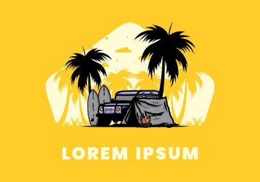 Sahilde kamp yapmak, off road araba çizimi tasarımı.