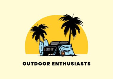 Sahilde kamp yapmak, off road araba çizimi tasarımı.