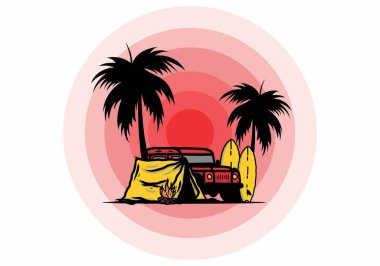 Sahilde kamp yapmak, off road araba çizimi tasarımı.