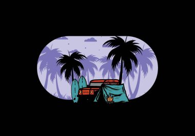 Sahilde kamp yapmak, off road araba çizimi tasarımı.