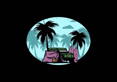 Sahilde kamp yapmak, off road araba çizimi tasarımı.