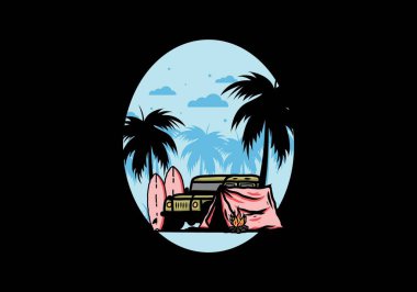 Sahilde kamp yapmak, off road araba çizimi tasarımı.