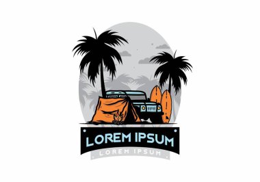 Sahilde kamp yapmak, off road araba çizimi tasarımı.