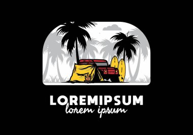 Sahilde kamp yapmak, off road araba çizimi tasarımı.