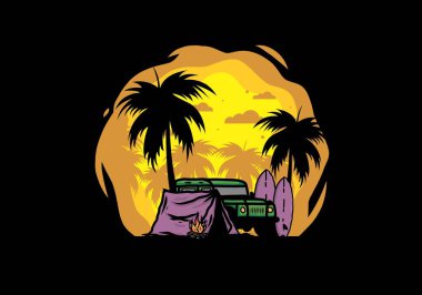 Sahilde kamp yapmak, off road araba çizimi tasarımı.