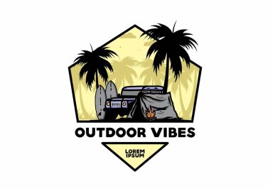 Sahilde kamp yapmak, off road araba çizimi tasarımı.