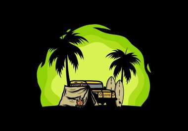 Sahilde kamp yapmak, off road araba çizimi tasarımı.