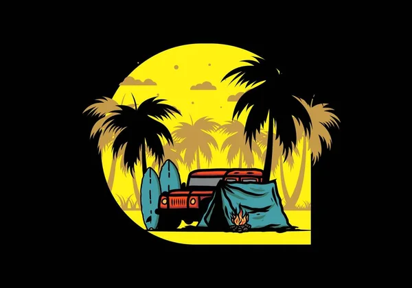 Camping Playa Con Diseño Ilustración Coches Todoterreno — Vector de stock