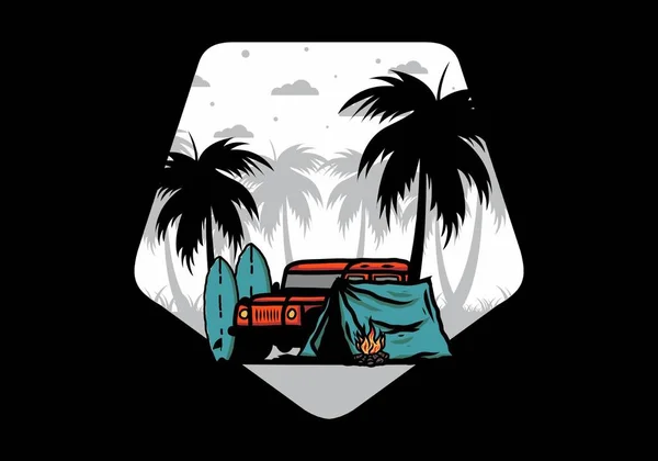 Camping Playa Con Diseño Ilustración Coches Todoterreno — Vector de stock