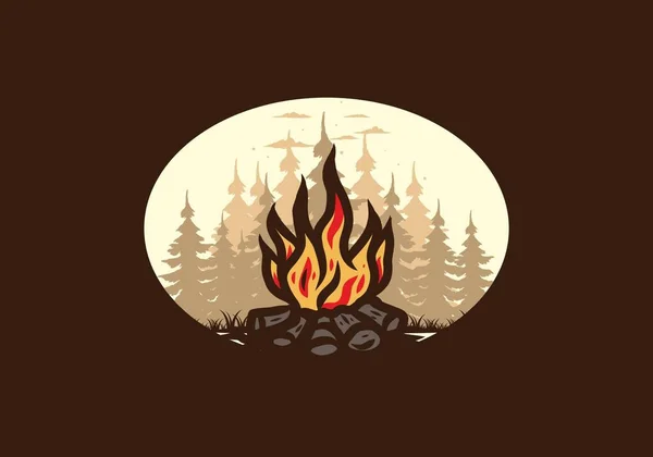 ジャングルバッジイラストデザインのたき火 — ストックベクタ