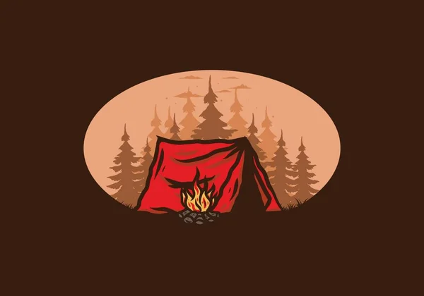 Bosque Camping Con Hoguera Ilustración Diseño Insignia — Vector de stock