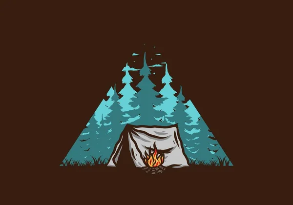 たき火イラストバッジデザインの森のキャンプ — ストックベクタ