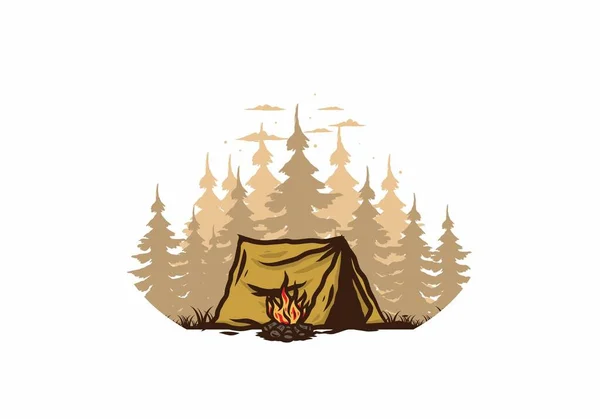 Bosque Camping Con Hoguera Ilustración Diseño Insignia — Vector de stock