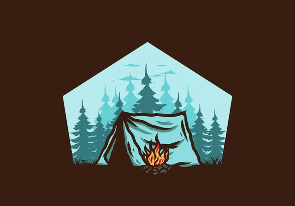 Bosque Camping Con Hoguera Ilustración Diseño Insignia — Archivo Imágenes Vectoriales