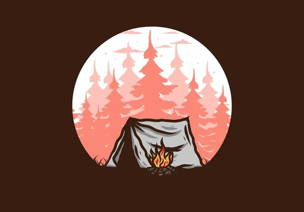 Bosque Camping Con Hoguera Ilustración Diseño Insignia — Archivo Imágenes Vectoriales
