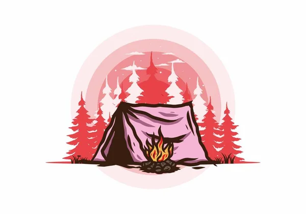 Campeggio Foresta Con Disegno Distintivo Illustrazione Falò — Vettoriale Stock