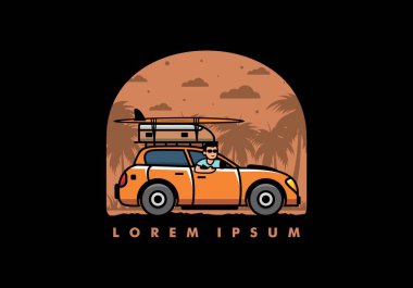 Tatil için araba süren bir adamın çizimi.