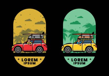 Tatil için araba süren bir adamın çizimi.