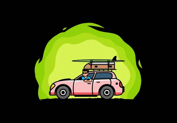 休暇のために車に乗る男のイラストデザイン — ストックベクタ