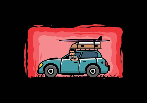 Εικονογράφηση Σχεδιασμό Ενός Άνδρα Ιππασίας Ένα Αυτοκίνητο Για Διακοπές — Διανυσματικό Αρχείο