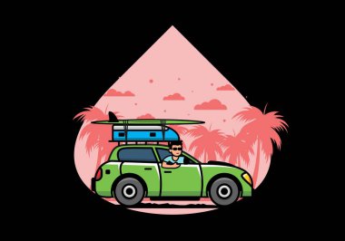 Tatil için araba süren bir adamın çizimi.