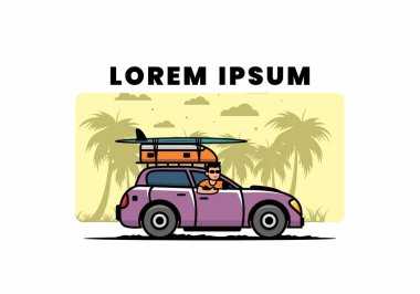 Tatil için araba süren bir adamın çizimi.