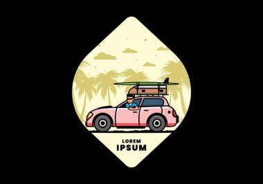 Tatil için araba süren bir adamın çizimi.