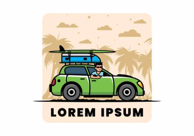 Tatil için araba süren bir adamın çizimi.