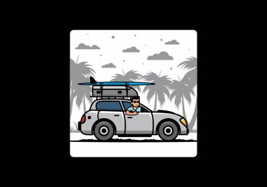 Tatil için araba süren bir adamın çizimi.