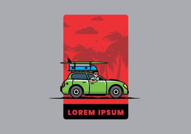 Tatil için araba süren bir adamın çizimi.