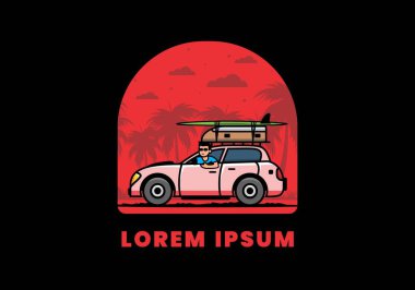 Tatil için araba süren bir adamın çizimi.