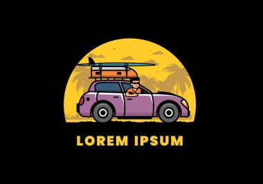 Tatil için araba süren bir adamın çizimi.