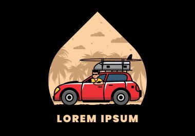 Tatil için araba süren bir adamın çizimi.