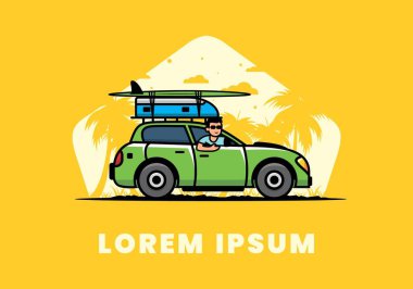 Tatil için araba süren bir adamın çizimi.