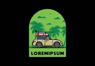 Tatil için araba süren bir adamın çizimi.