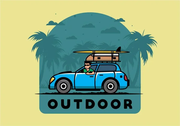 Illustration Design Eines Mannes Der Mit Dem Auto Den Urlaub — Stockvektor