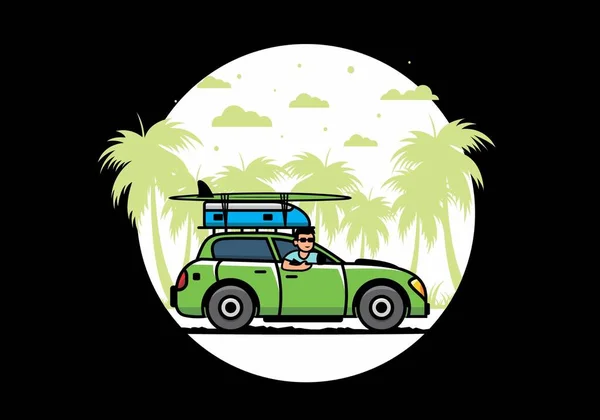 Εικονογράφηση Σχεδιασμό Ενός Άνδρα Ιππασίας Ένα Αυτοκίνητο Για Διακοπές — Διανυσματικό Αρχείο