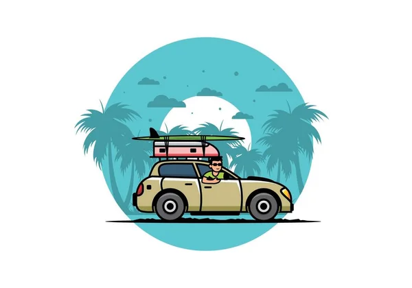Illustration Design Homme Chevauchant Une Voiture Pour Les Vacances — Image vectorielle