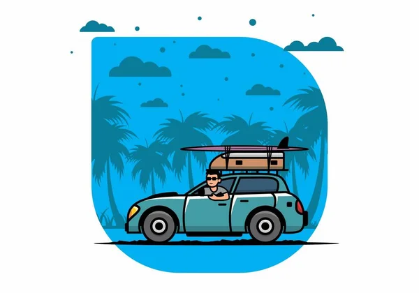 Ilustración Diseño Hombre Montando Coche Vacaciones — Archivo Imágenes Vectoriales