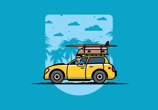 Illustration Design Eines Mannes Der Mit Dem Auto Den Urlaub — Stockvektor