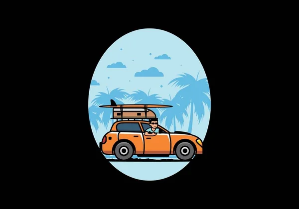 Illustration Design Eines Mannes Der Mit Dem Auto Den Urlaub — Stockvektor