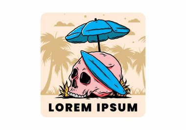 Plaj şemsiyesi altında sörf tahtası olan kafatası tasarımı.