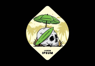 Plaj şemsiyesi altında sörf tahtası olan kafatası tasarımı.