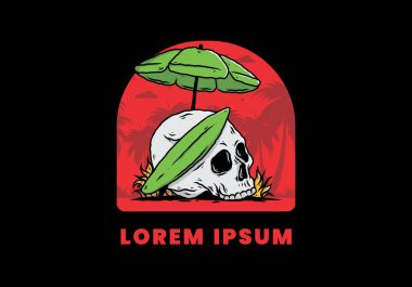 Plaj şemsiyesi altında sörf tahtası olan kafatası tasarımı.