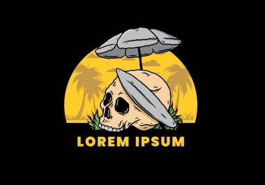 Plaj şemsiyesi altında sörf tahtası olan kafatası tasarımı.