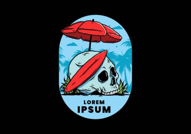 Plaj şemsiyesi altında sörf tahtası olan kafatası tasarımı.