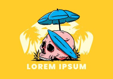 Plaj şemsiyesi altında sörf tahtası olan kafatası tasarımı.